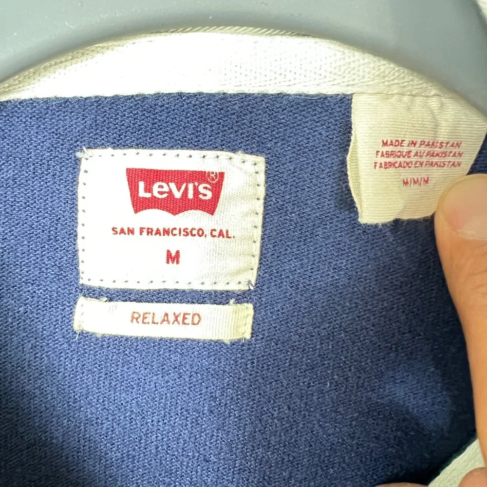 Levis Mens Relaxed Fit Rugby Shirt Green Navy Blue Long Sleeve‎ Polo M Preppy